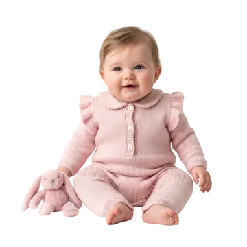 a baby sitting on the floor wearing a pink sweater