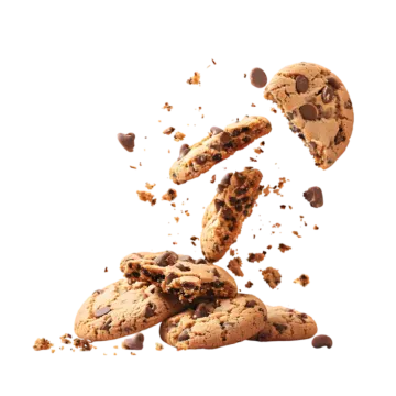a pile of chocolate chip cookies falling into the air