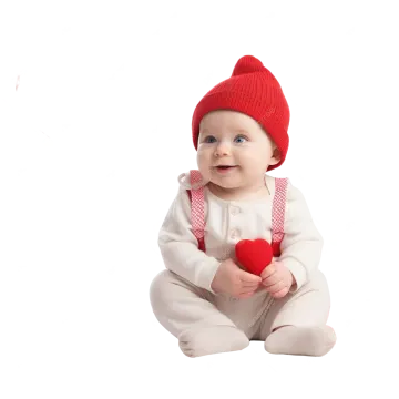 a baby sitting on the floor holding a red heart