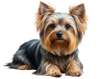 a yorkshire terrier dog sitting down on a white background