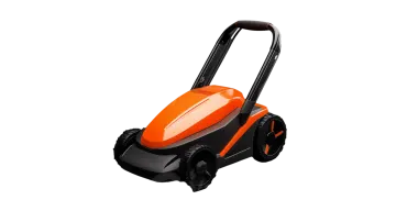 an orange and black electric lawn mower
