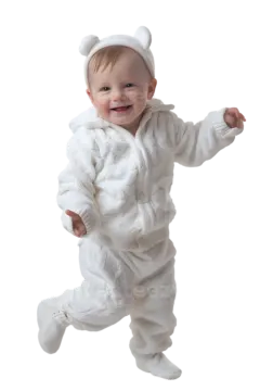a baby wearing a white bear costume