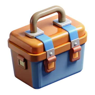 a brown and blue suitcase with two handles