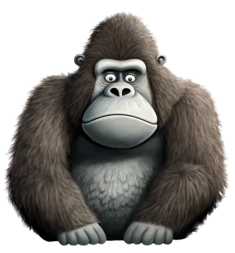 a cartoon gorilla sitting down and looking at the camera