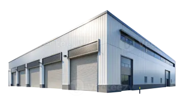 an industrial building with a white background