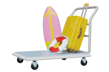 a surfboard and a suitcase on a cart