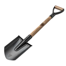 a black shovel with wooden handle