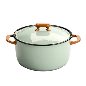 a green pot with a wooden handle