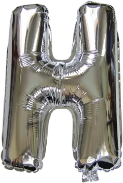 a silver foil balloon shaped like the letter h
