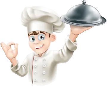 a cartoon chef holding a tray of food