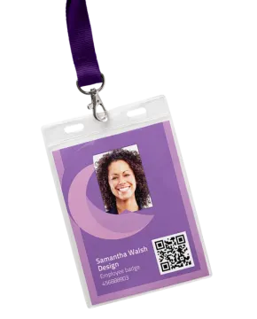 a purple id badge with a black and white photo on it