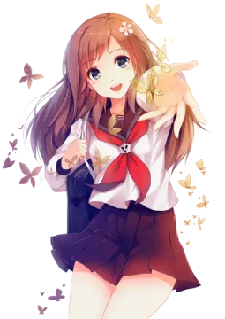 a girl in a school uniform with butterflies around her