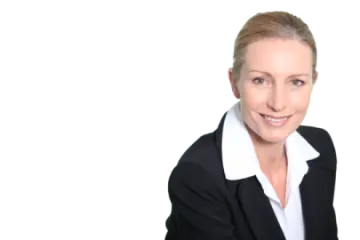a woman in a black suit and white shirt
