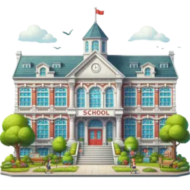 a school building with trees and bushes