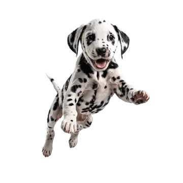 a black and white puppy dog jumping in the air