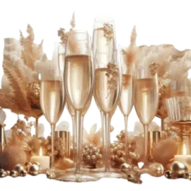a group of champagne flutes with gold decorations
