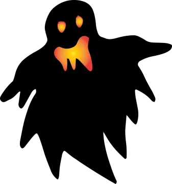 a black silhouette of a ghost with glowing eyes