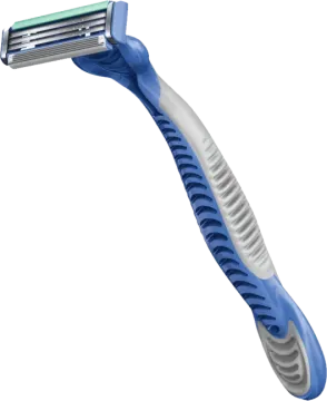 a blue and white razor on a white background