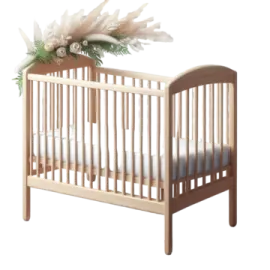 a wooden cribt with white flowers on it
