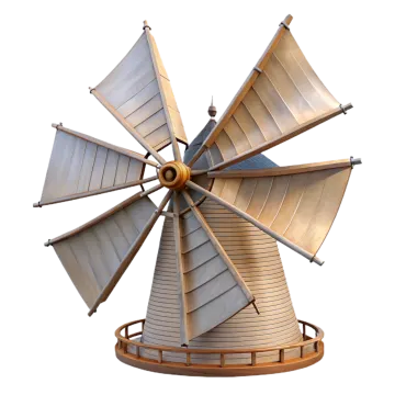 a metal windmill on a wooden stand