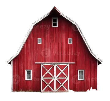 a red barn with a white door and windows