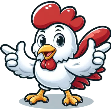 a cartoon chicken with red and white feathers