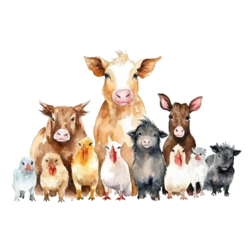 a watercolor painting of farm animals