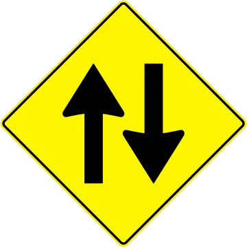 a yellow and black road sign with two arrows