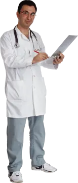 a man in a white lab coat holding a clipboard