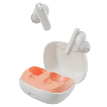 a pair of earphones with an orange case