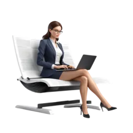 a woman sitting on a white chair with her laptop