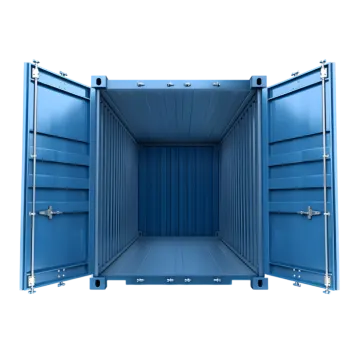 a blue shipping container with the door open
