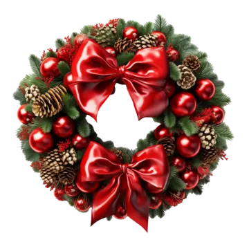 a christmas wreath with red bows and pine cones