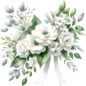 a bouquet with white flowers and green leaves