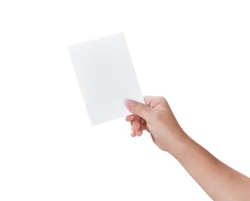 a hand holding a blank card on a white background