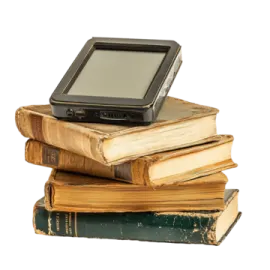 a pile of books with a tablet on top