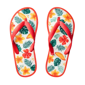 a pair of flip flops with tropical flowers and leaves