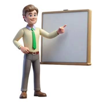 a 3d man standing next to a whiteboard