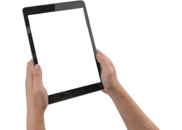 a person holding an ipad with a blank screen