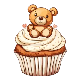 a teddy bear sitting on top of a cupcake
