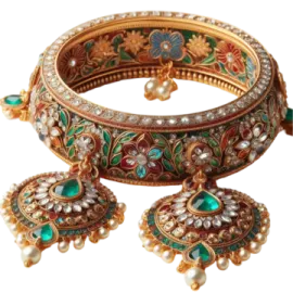 a pair of bangies with green and white stones