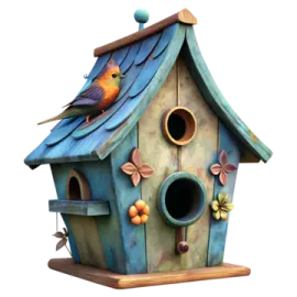a bird house with two birds on top of it