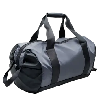 a grey duff bag with black straps