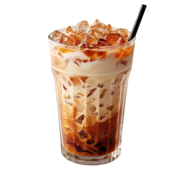 a tall glass of iced coffee with ice