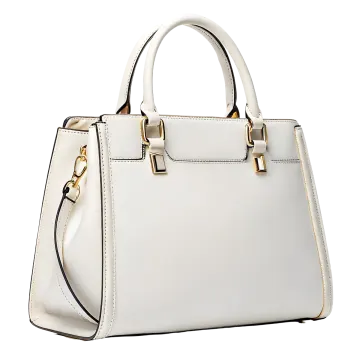 a white handbag with gold accents