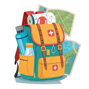 an illustration of a backpack with map and water bottle
