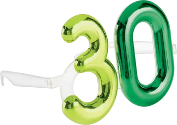 a green and white balloon shaped like the number 30