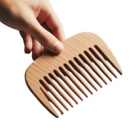 a person holding a wooden comb in their hand