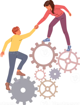 a woman pushing a man's hand in front of gears