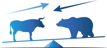 two silhouettes of bull and bear on a balance scale